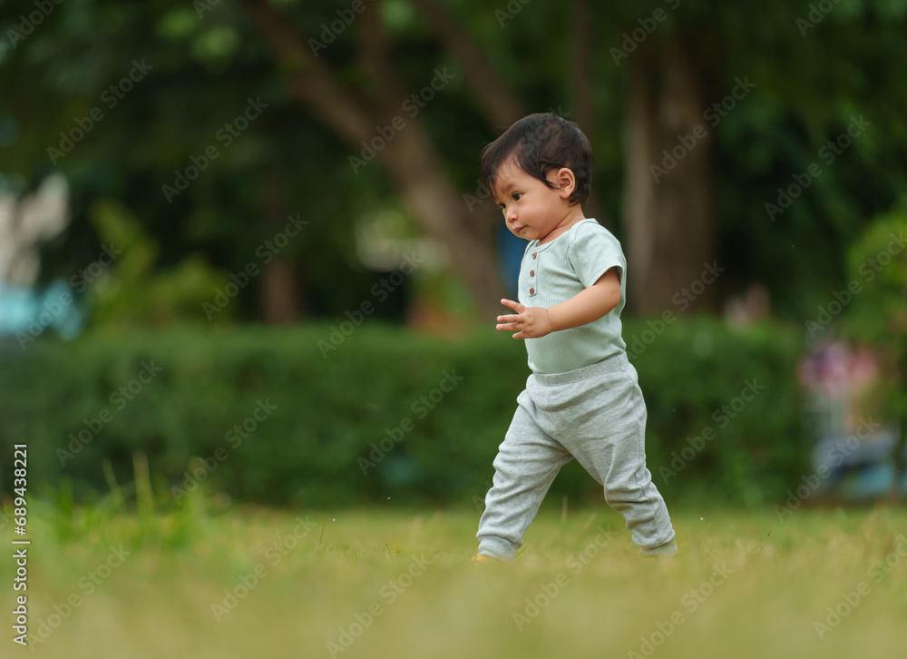 infant baby learning to walking first step on green grass in park infant baby learning to walking first step on green grass in park