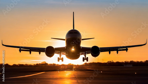 airplane landing at sunset photo