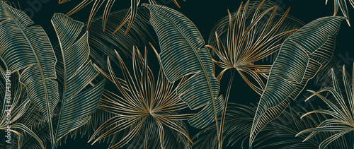 Luxury dark art background with tropical palm leaves in golden line art style. Abstract botanical banner with exotic plants for decoration, print, wallpaper, textiles, interior.