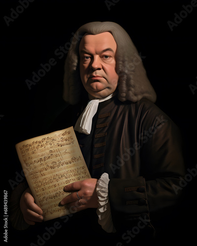 Johann Sebastian Bach, German composer & musician of the baroque period. Realistic photographic portrait of him in his late years holding a manuscript score with his music.