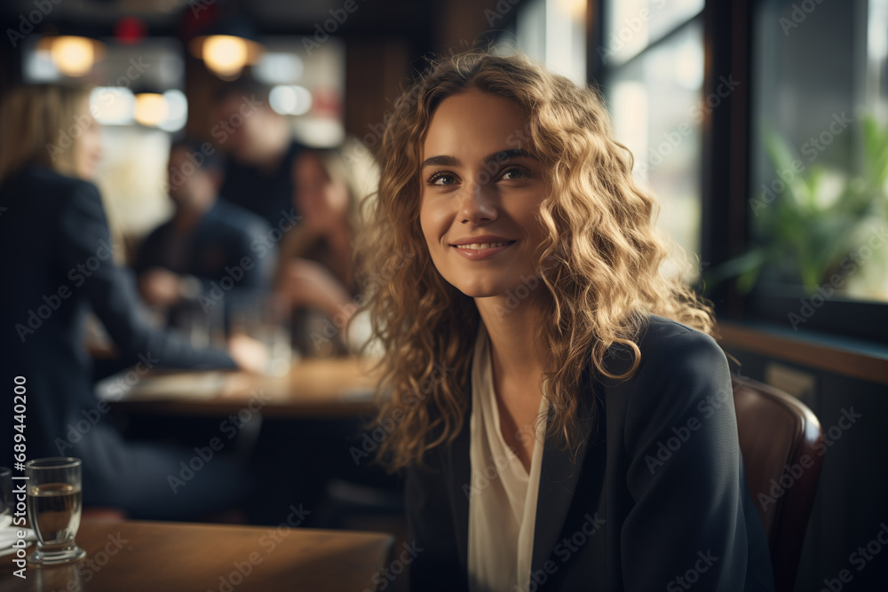 young businesswoman looking at camera smile in the bar young businesswoman looking at camera smile in the bar