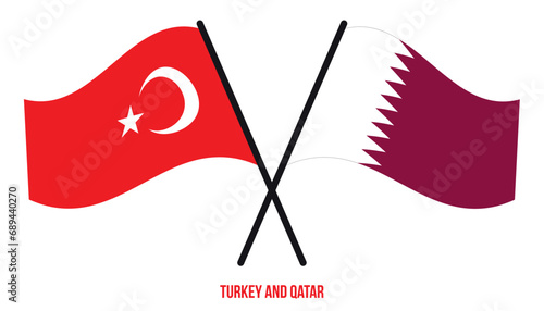 Turkey and Qatar Flags Crossed And Waving Flat Style. Official Proportion. Correct Colors.