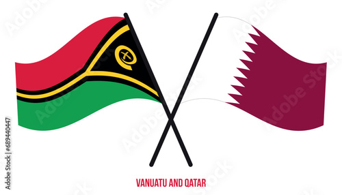 Vanuatu and Qatar Flags Crossed And Waving Flat Style. Official Proportion. Correct Colors.
