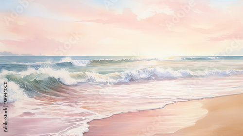 watercolour of a featuring the beauty of the sea, beaches, and coastal areas, pink and gold colors.