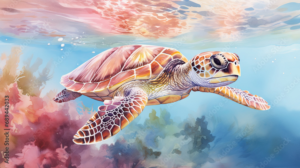 Fototapeta premium watercolour of a beauty of turtle in the sea, beaches, and coastal areas, pink and gold colors