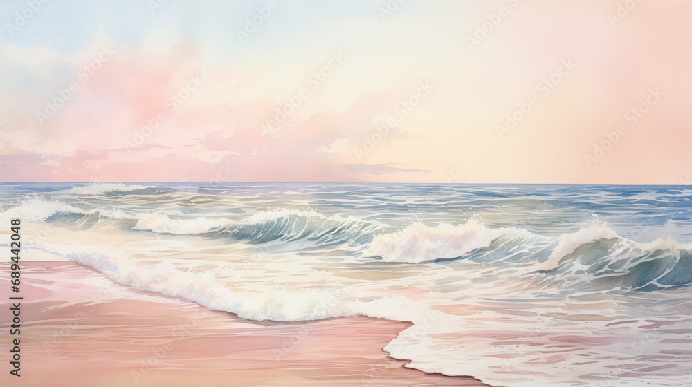 Obraz premium watercolour of a featuring the beauty of the sea, beaches, and coastal areas, pink and gold colors.