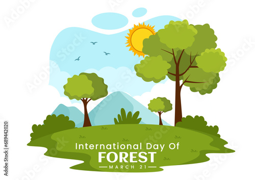 International Forest Day Vector Illustration on 21 March with Plants  Trees  Green Fields and Various Wildlife to Economic Forestry in Background