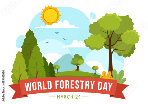 International Forest Day Vector Illustration on 21 March with Plants, Trees, Green Fields and Various Wildlife to Economic Forestry in Background