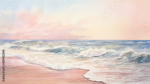 watercolour of a featuring the beauty of the sea, beaches, and coastal areas, pink and gold colors.