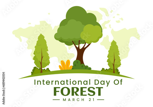 International Forest Day Vector Illustration on 21 March with Plants  Trees  Green Fields and Various Wildlife to Economic Forestry in Background