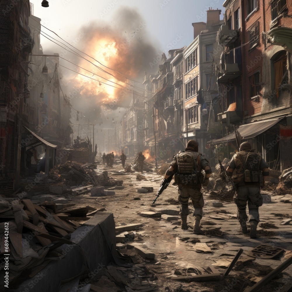 Soldiers in full gear walking down the street of a destroyed city