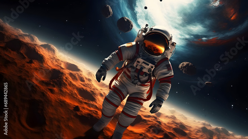 astronaut taking space walk, colorful space nebula around