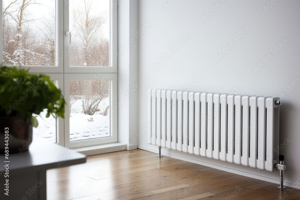 White heating radiator by the window with a winter landscape White heating radiator by the window with a winter landscape