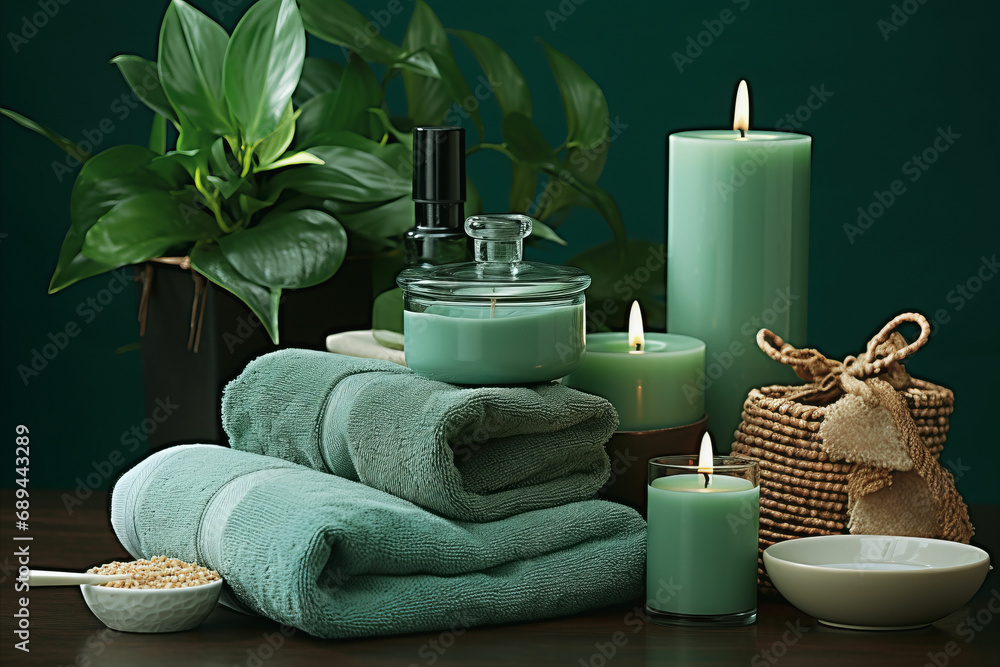 Tranquil Spa Backdrop with Relaxing Green Accessories for Aromatherapy and Self-Care
