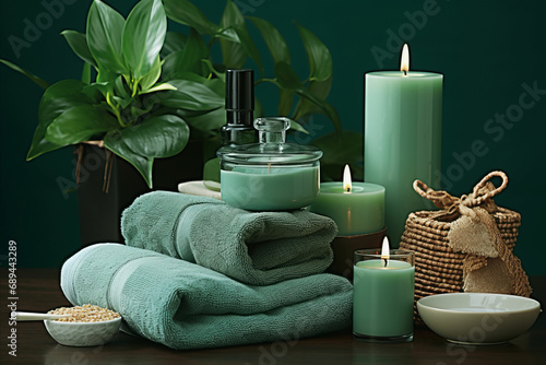 Tranquil Spa Backdrop with Relaxing Green Accessories for Aromatherapy and Self-Care