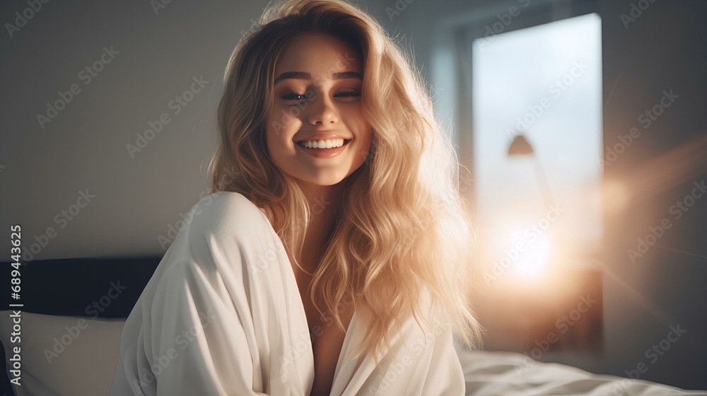 captivating woman in a white bedroom, smiling, gen Z clothing, wake-up moment, beautiful long blond hair, light from behind, relaxing. generative AI captivating woman in a white bedroom, smiling, gen Z clothing, wake-up moment, beautiful long blond hair, light from behind, relaxing. generative AI