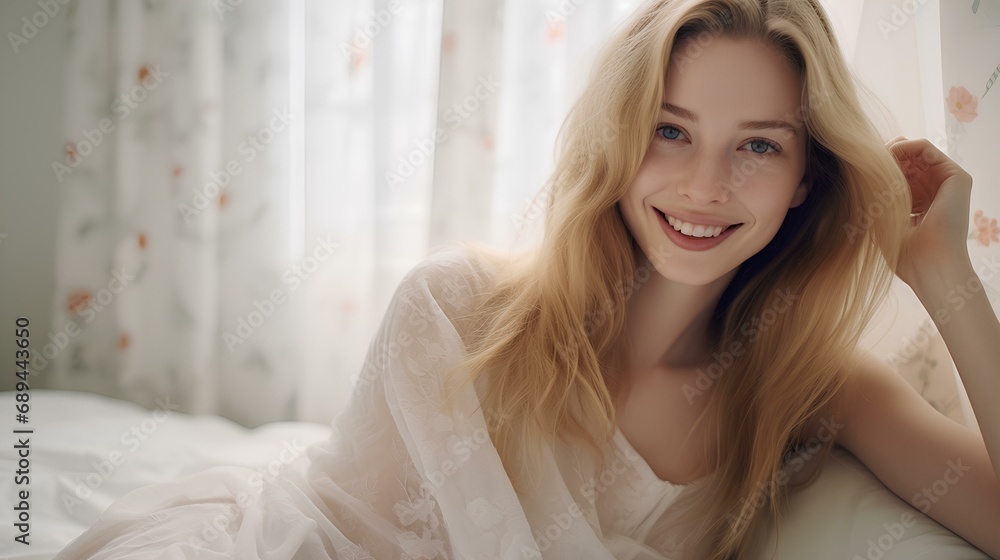 captivating woman in a white bedroom, smiling, gen Z clothing, wake-up moment, beautiful long blond hair, light from behind, relaxing. generative AI captivating woman in a white bedroom, smiling, gen Z clothing, wake-up moment, beautiful long blond hair, light from behind, relaxing. generative AI