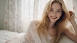 captivating woman in a white bedroom, smiling, gen Z clothing, wake-up moment, beautiful long blond hair, light from behind, relaxing. generative AI