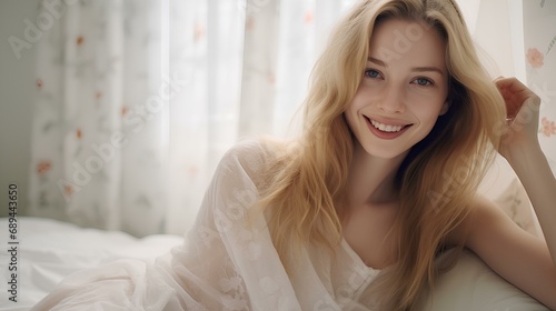 captivating woman in a white bedroom, smiling, gen Z clothing, wake-up moment, beautiful long blond hair, light from behind, relaxing. generative AI Free Download captivating woman in a white bedroom, smiling, gen Z clothing, wake-up moment, beautiful long blond hair, light from behind, relaxing. generative AI - GFXLoad