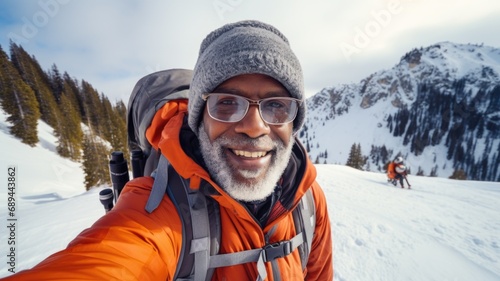 Traveler influencer taking selfie during travel in winter season backpack on alps mountain comeliness