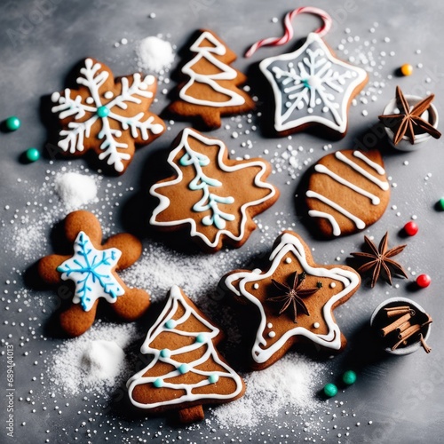 Homemade Gingerbread cookies with spices on a gray background.