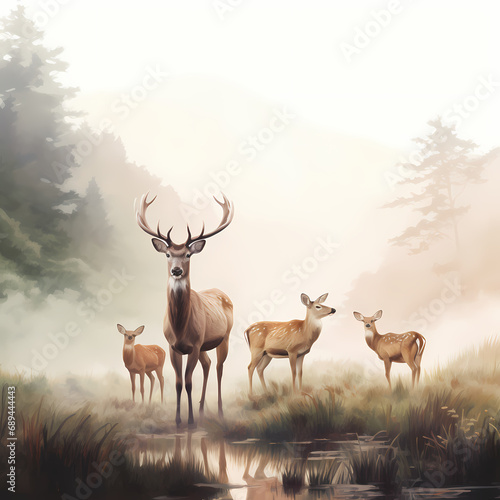 A family of deer grazing in a misty meadow © Cao