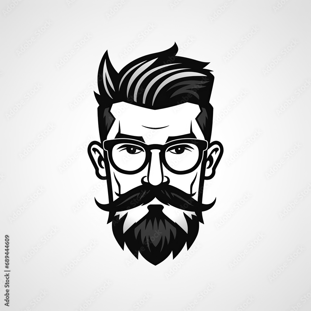 logo with the head and face of a man with a beard and mustache in glasses on white background. An emblem for a barbershop men's salon or a brand store