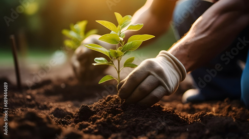 People planting trees or working in community garden promoting local food production and habitat restoration, concept of Sustainability and Community Engagement. Generative Ai