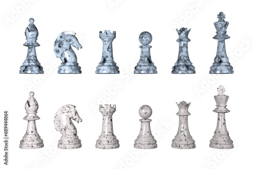 3d Basic chess set on white background. 3d mockup rendering illustration. Business strategy team and Intellectual leisure activity symbol concept.Pawn, king, queen, rook, knight, bishop.