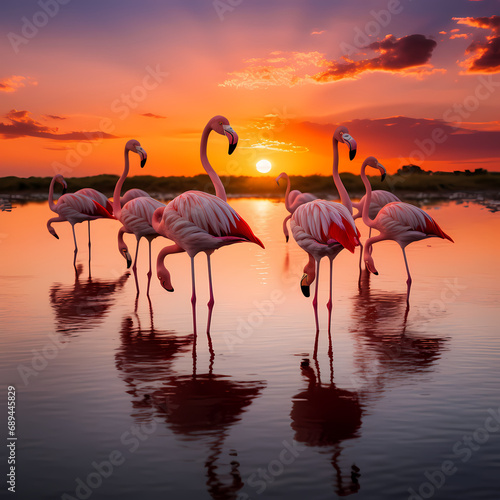 A group of flamingos in shallow water at sunset