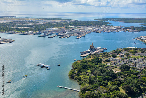 Aerial view of the USS Arizona war memorial and the USS Missouri battleship at Pearl Harbor in Honolulu on Oahu, Hawaii
