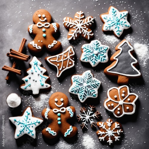 Homemade Gingerbread cookies with spices on a gray background.