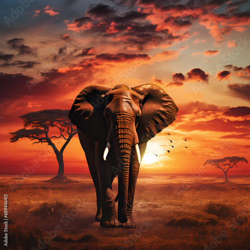 A lone elephant against the backdrop of a vibrant African sunset.