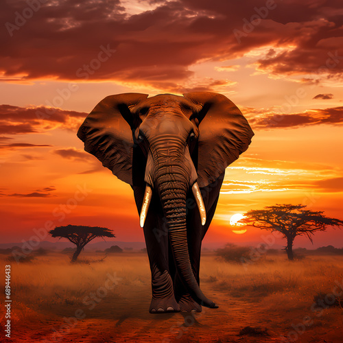 A lone elephant against the backdrop of an African sunset © Cao