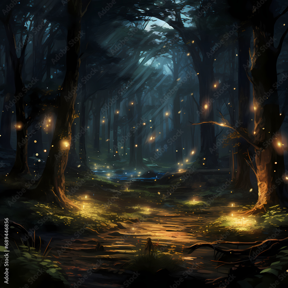 A mysterious forest illuminated by the soft glow of fireflies
