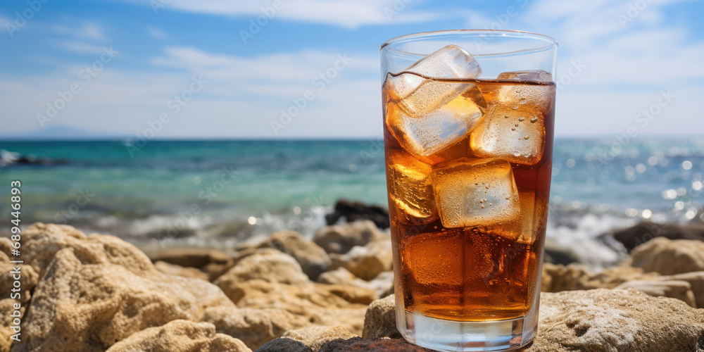 refreshing glass of iced tea rests on smooth stones at a sunny beach, waves lapping in the background refreshing glass of iced tea rests on smooth stones at a sunny beach, waves lapping in the background
