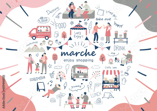 マルシェ　休日のマーケットで楽しむ人々