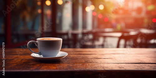 Delicious cup of milky coffee made of white porcelain, placed on a large wooden table, blank space for writing, blurred background with bold, warm colors