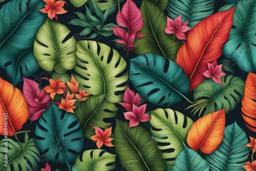 Colorful tropical leaves and flowers  artistic pattern. 