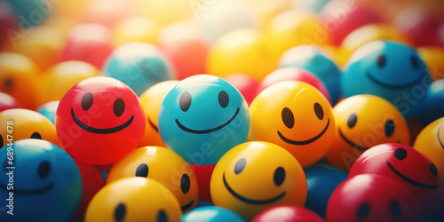 Colorful crowd of happy-faced bouncy balls crammed together, smiling widely photo