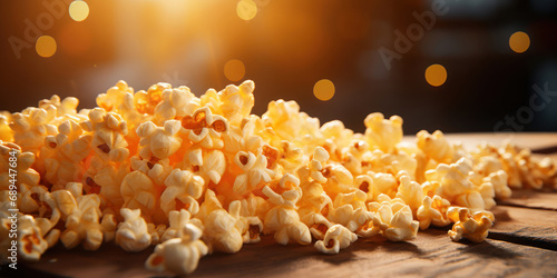 Freshly popped kernels spill onto a table, backlit by a soft, golden cinematic glow