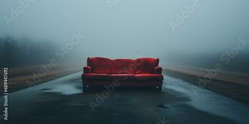 An abandoned couch sits in the middle of a desolate road  shrouded in fog