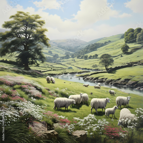 A peaceful countryside with grazing sheep.