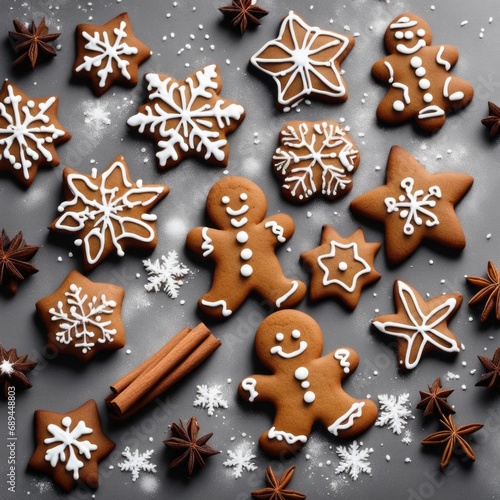 Homemade Gingerbread cookies with spices on a gray background.