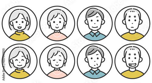 高齢者男性と女性の顔アイコンセット