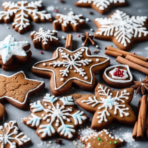 Homemade Gingerbread cookies with spices on a gray background.