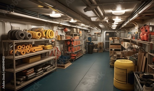 A well-stocked storage room for engine maintenance and repair on a cruise ship, complete with tools and supplies. Generative AI.