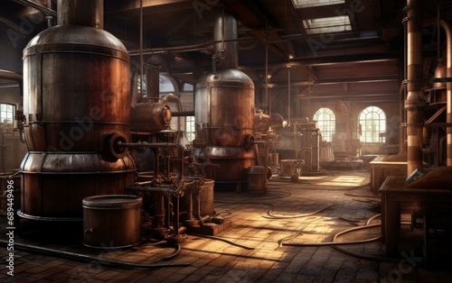 An atmospheric brewery with vintage machinery and wooden barrels. Generative AI.