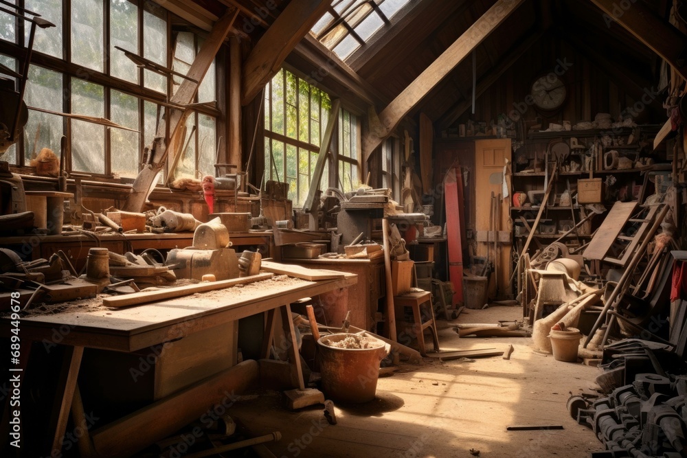A deserted carpentry workshop with untouched tools and woodwork, filled with the scent of timber and wood shavings. Generative AI.