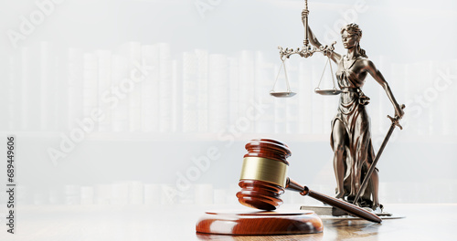 Legal Concept: Themis is the goddess of justice and the judge's gavel hammer as a symbol of law and order